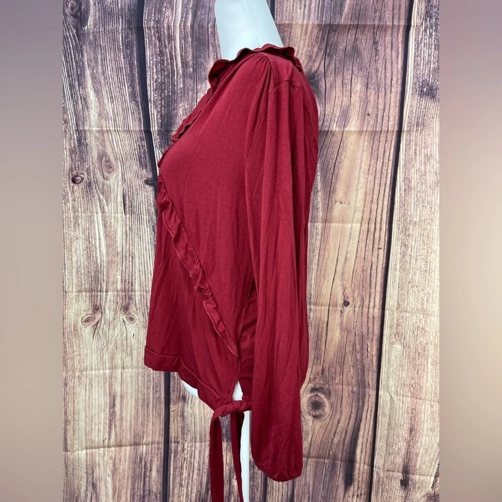 J. Crew Mercantile burgundy red ruffle V-neck  blouse women’s size L - Picture 4 of 16